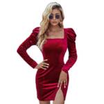 Gigicial Abendkleid Damen Samtkleid Langarm Elegant Cocktailkleid Hohe Taille Bodycon-XXS