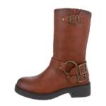 Ital-Design Damen Bikerschuhe Biker Westernstiefel (85276007) Blockabsatz Flache Stiefel in Camel