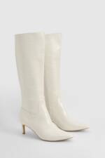 Kniehohe Kroko-Stiefel Mit Absatz - Cream - 37, Cream