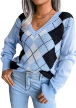 Mayou Strickpullover Damen Winter V Ausschnitt Strickpullover Argyle Langarm Farbblock