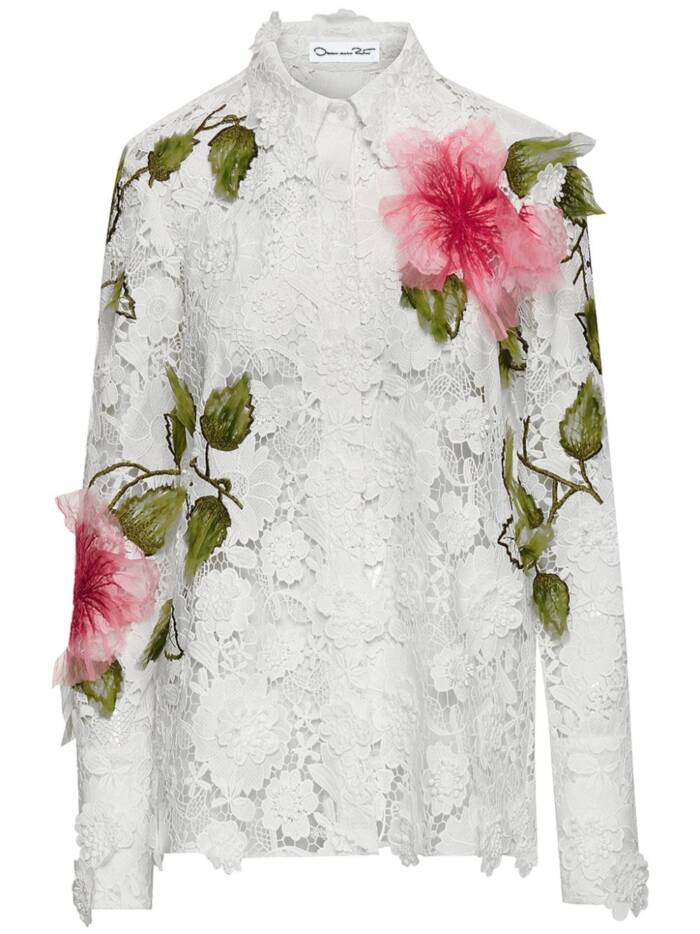 Oscar de la Renta Spitzenbluse mit Hibiskus-Stickerei - Weiß