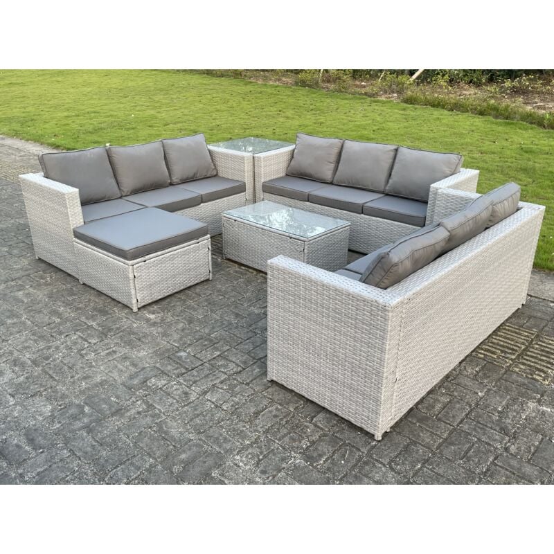 Polyrattan Gartenmöbel Set Rattan Sofa Set mit 3-Sitzer Sofa Beistelltisch Couchtisch Großer Fußhocker Helles Grau - Fimous