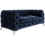 S-style Möbel - Chesterfield Sofa 2-Sitzer River mit Metall Füßen, Blau Samt