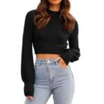 Truyuety Strickpullover Damen Strickpullover Kurz Cropped Pullover mit Rundhalsausschnitt