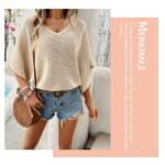 Zoclack Strandpullover Stricktop Damen Sommer Häkeltop Aushöhlen V-Ausschnitt Pullover Loose Atmungsaktiv Semi-transparentem