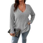 Zoclack Strickpullover Damen Tops Übergröße Lässig Lockerer Strickpullover Langarmshirt Elegant Langarm V-Ausschnitt Oberteile Herbst Winter