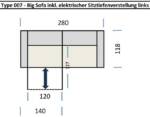 freiraum Big-Sofa Wolve, elektr. Sitzverstellung, 2 Kissen, Cord taupe - 280x108x118cm (BxHxT)