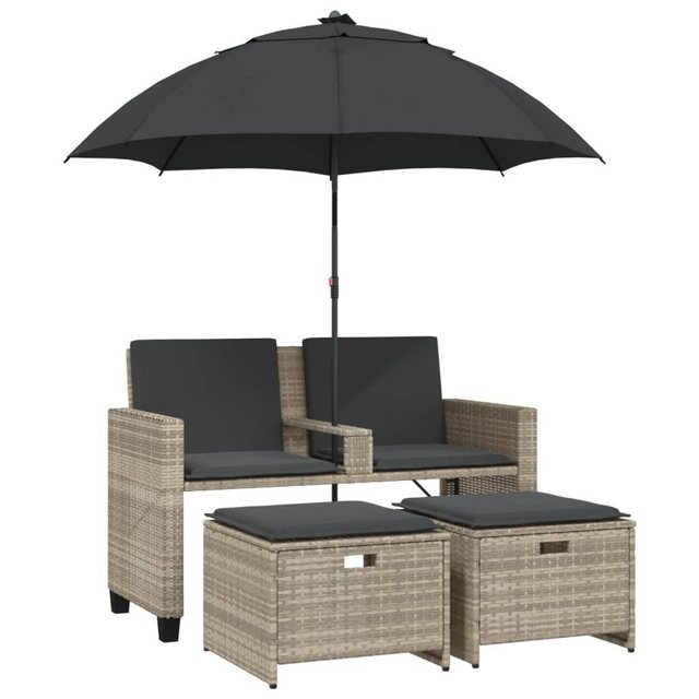 vidaXL Loungesofa Gartensofa 2-Sitzer Sonnenschirm und Hocker Hellgrau Polyrattan, 1 Teile