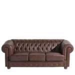 Braunes Dreisitzer Ledersofa im Chesterfield Look 200 cm breit