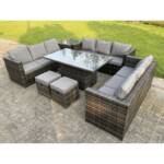 Fimous - 11 Sitzer Outdoor Rattan Sofa Set Lounge Einstellbare Steigende Beistelltische Stühle Fußhocker Dunkelgrau Gemischt