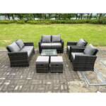 Fimous - 8-Sitzer Dunkelgrau Gemischt Hoher Rücken Rattan Sofa Set mit Quadratisch Couchtisch Gartenmöbel 2-Sitzer Sofa Sessel Hocker