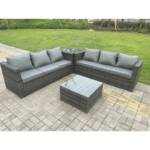 Gartenlounge Rattan Sofa Set Gartenmöbel Set Sitzgruppe 6-sitzer Polyrattan Gartensofa 2 Tische mit Glas für Wintergarten, Rasen, Terrasse,Dunkelgrau