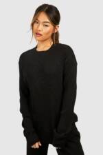 Langärmliges Geripptes Oversize T-Shirt - Black - 32, Black