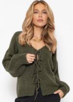 SASSYCLASSY Cardigan Strickjacke Damen mit Schleifenverschluss Oversize Cardigan Damen aus weichem Strick zum Binden - Khaki Beige