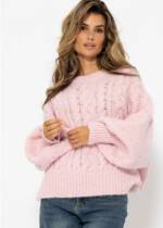 SASSYCLASSY Strickpullover Flauschiger Pullover Damen mit Zopfmuster Oversize Strickpullover Made in Italy Grau Rosa