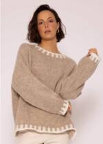 SASSYCLASSY Strickpullover Oversize Pullover Damen aus weichem Grobstrick Lässiger Strickpullover lang mit offwhite Details, Made in Italy