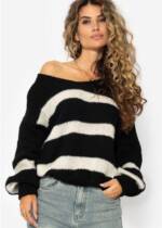 SASSYCLASSY Strickpullover Oversize Pullover Damen aus weichem Grobstrick Streifen Strickpullover und V-Ausschnitt Made in Italy Schwarz Beige