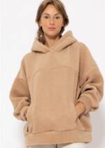 SASSYCLASSY Strickpullover Oversized Pullover Damen im Teddy-Look Oversized Teddy Sweatshirt Damen mit Kapuze Burgundy Beige Camel