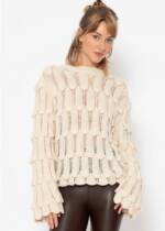 SASSYCLASSY Strickpullover Pullover Damen mit Strukturmuster Lässiger Rundhals Pullover Bequem und Stilvoll - Schwarz Beige