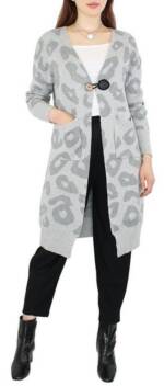 dy_mode Longstrickjacke Cardigan Damen Lang Strickcardigan Strickjacke Langarm Animal Print mit Taschen