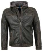 Lederjacken24 Lederjacke Herren Lederjacke Lammnappa Bikerjacke Kapuze schwarz-beige